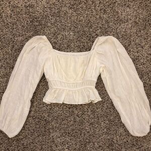 PULL&BEAR White Smocked Crop Blouse with Long Sleeves